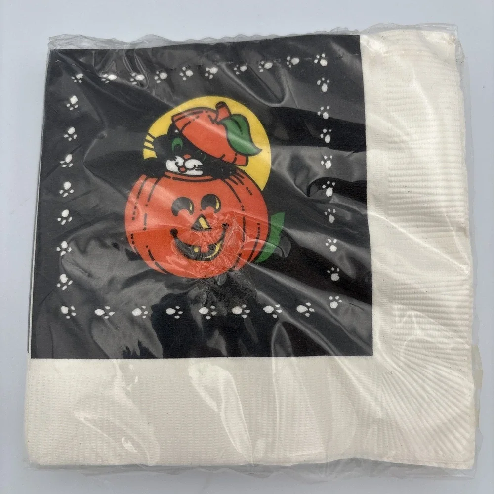 New VTG Halloween Black Cat And Pumpkin Princess Cocktail Napkins Ullman Co USA